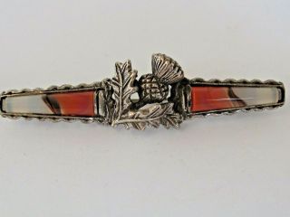Antique Scottish Agate And Silver Kilt Brooch Bar Pin With Acorn