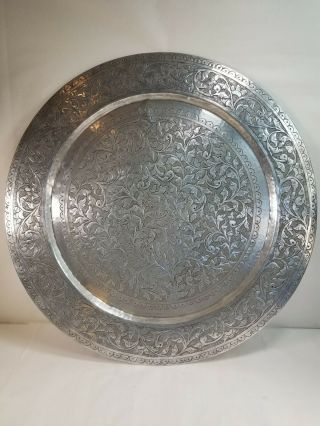 Vintage Ottoman Style Metal Huge 32 " Serving Tray Engraved Round Wall Table Mcm