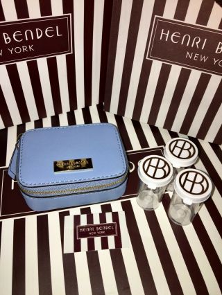 RARE Henri Bendel West 57th Pill Box Case Bag Light Baby Blue Brown White Stripe 2