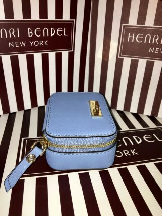 RARE Henri Bendel West 57th Pill Box Case Bag Light Baby Blue Brown White Stripe 4