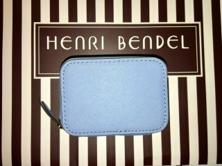 RARE Henri Bendel West 57th Pill Box Case Bag Light Baby Blue Brown White Stripe 6
