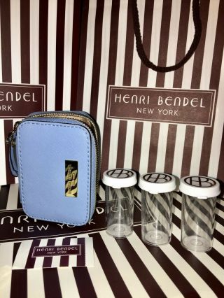 RARE Henri Bendel West 57th Pill Box Case Bag Light Baby Blue Brown White Stripe 9