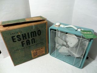 Vintage Eskimo 12 " Breeze Box 3 - Speed Fan Turquoise With Orig Box & Tag 121050