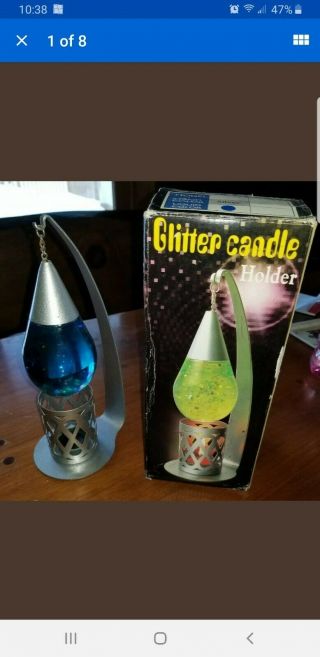 Rare,  Vintage Glitter Lava Lamp Candle Holder Blue Liquid,  Silver Glitter,  W/box
