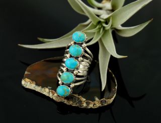 Vtg Sterling Silver Signed Navajo Five Turquoise Ring Sz 10