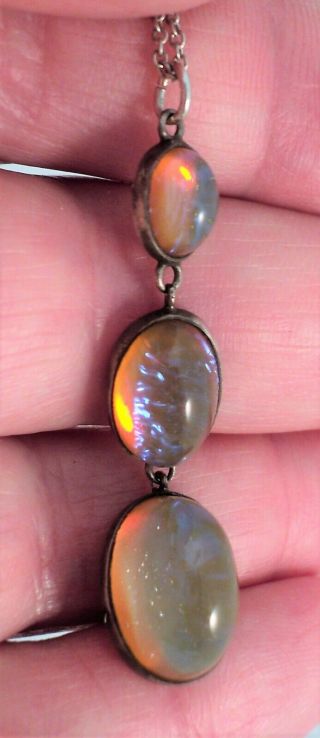 Vintage Antique Fire Opals In Sterling Silver Necklace 3 Graduated Stones Signed