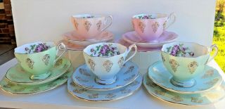 Vintage Set Of 5 Retired Queen Anne Pastel Coloured Trios Lovely Gilded Set