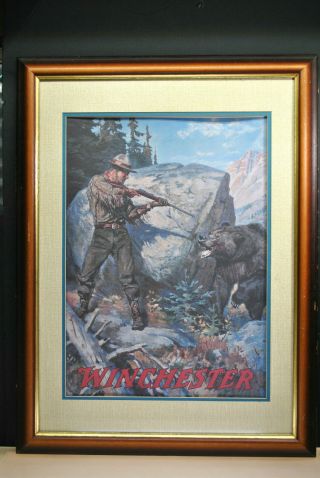 Rare Vintage " Winchester " Man Shooting Bear Poster (framed & Matted) Western Art
