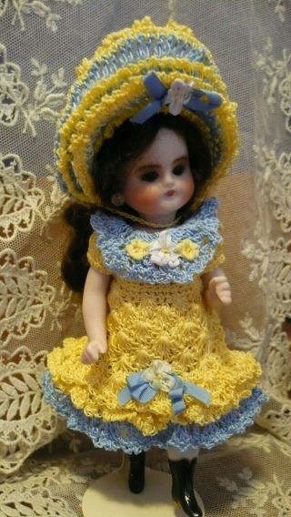 Yellow French Style Crochet Dress,  Hat For 5.  5 " Kestner Antique All Bisque Doll