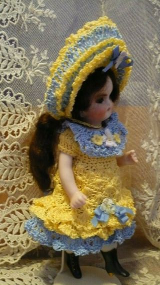 yellow FRENCH STYLE CROCHET DRESS,  HAT for 5.  5 