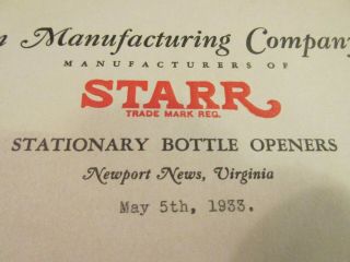 RARE Starr Coke Coca - Cola Bottle Opener w Paperwork from Brown Mfg 1930s - 40s 9