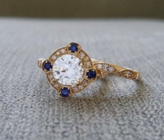 Art Deco Vintage Round White Diamond Engagement Wedding Ring Set Sterling Silver