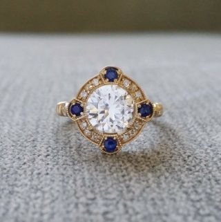 Art Deco Vintage Round White Diamond Engagement Wedding Ring Set Sterling Silver 2