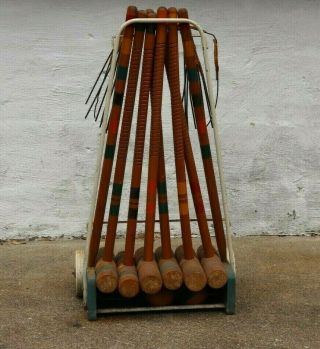 Vintage Wood Croquet Set Complete With Cart