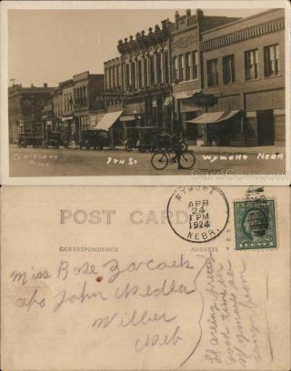 1924 Rppc Wymore,  Ne 7th Street,  Hargrave Clothing,  Drug Store,  Bicycle,  Cars Vintage