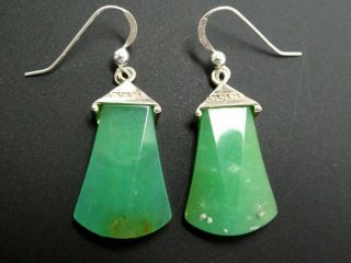 Vintage Green Chrysoprase Gemstone Art Deco Style 925 Pierced Dangle Earrings
