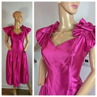 Vintage 80s Party Prom Pink Shiny Satin Glam Extreme Bows Wild Child Dress L