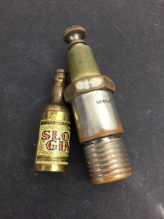 2 Miniature Vintage Pocket Striker Lighters Sloe Gin Bottle & Germany Spark Plug