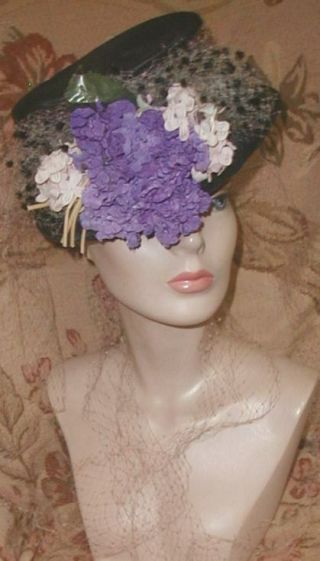 1940s Purple Lilacs Hat W Clouds Of Purple Silk Veiling Sally Victor