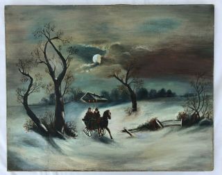 Horse Sleigh Winter Night Scene Antique Late 19th Century Oil Painting On Canvas