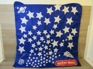 Vintage Peter Max Rocket Man Pop Art Silk Scarf Royal Blue White Stars