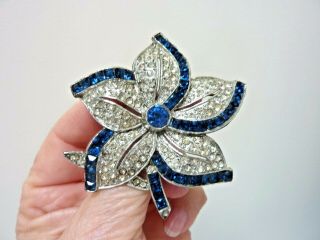 Vintage Pot Metal Navy Blue & Clear Rhinestone Flower Brooch Pin 1940 