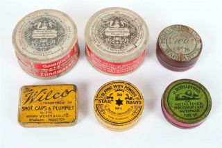 6 X Vintage Percussion Cap,  Ball Caps & Blanks Tins & Boxes Inc " Joyce "