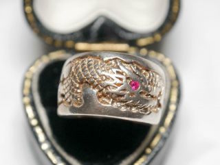 Fabulous Vintage Chunky Wide Solid Silver Dragon Ring With Ruby Cz Eye Gorgeous