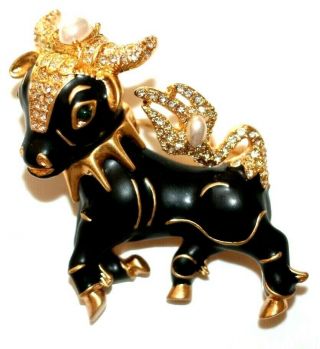 Vintage Ciner Signed Nos Jeweled Baby Bull Enameled Crystal Figural Brooch