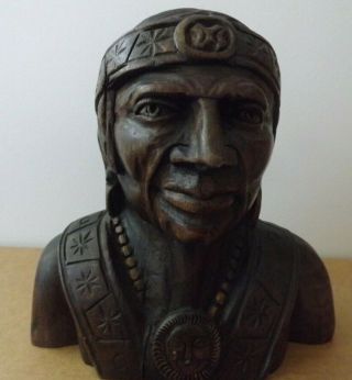 Vintage Indian Carved Bust Art Wood Sculpture Carving Chief Head