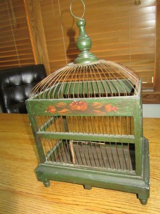 Vintage Bird Cage W /org Green Paint And Painted Flowers - Charming