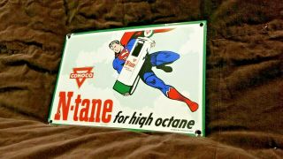 Vintage Conoco Gasoline Porcelain Superman Octane Service Rack Pump Plate Sign