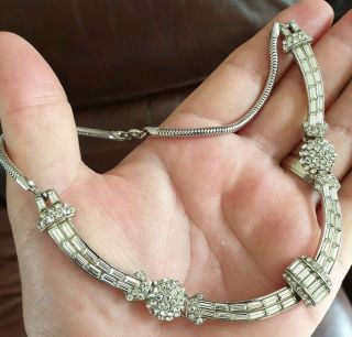 Vintage Art Deco Jewellery Sparkling Baguette Crystal Rhinestone Silver Necklace