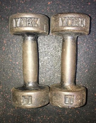 York Barbell 7 Lb Roundhead Dumbbells Usa Stamp Vintage 1 Pair