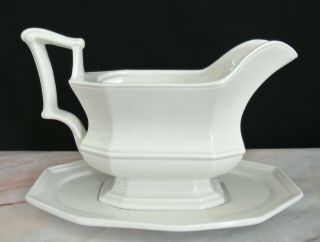 Vintage White Ironstone Large Heirloom Gravy Boat With Under - Plate