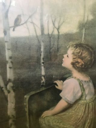 VTG 1930 - 40’s Framed Lithograph Print Little Girl Bluebird Song Bird Burch Woods 2