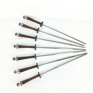 Vintage Sword Kebab Skewers 21 " Long Set Of 7 Stainless Steel Wood Handle