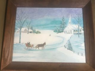 Vintage " Winter Church Landscape Scene " Oil On Canvas Board Painting - Framed