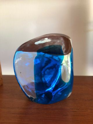 Vintage Htf 1970s Blenko Paperweight Blue Art Glass Crystal Mid Century Modern