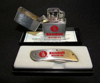 Vintage Zippo Kendall Motor Oil Brushed Chrome Lighter Knife Salesman Sample Box