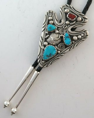 Large Vintage Sterling Silver With Turquoise & Coral Arrowhead Shaped Bolo Tie