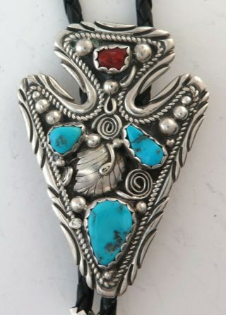 Large Vintage Sterling Silver with Turquoise & Coral Arrowhead Shaped Bolo Tie 2