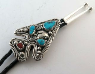 Large Vintage Sterling Silver with Turquoise & Coral Arrowhead Shaped Bolo Tie 3