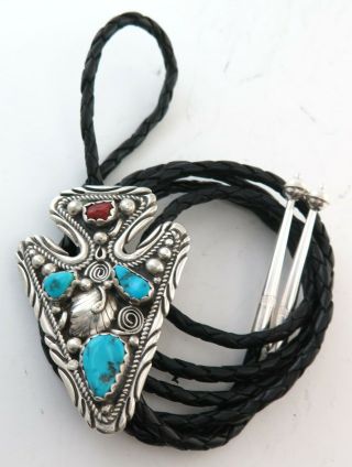 Large Vintage Sterling Silver with Turquoise & Coral Arrowhead Shaped Bolo Tie 4