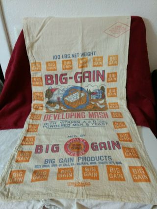 Vtg Big - Gain Mash Chicken 100 Lb Colorful Advertising Feed Sack Iowa Ill Minn