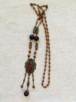 Wonderful Long Victorian Amber Glass Necklace W/ Pendant -