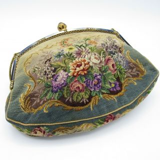 Antique Micro Petit Point Floral Evening Bag Purse,  With Enamel Frame,  Nr