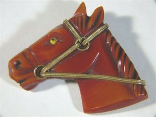 Vintage Carved Red Bakelite Horse Head Metal Harness Glass Eye Brooch Pin