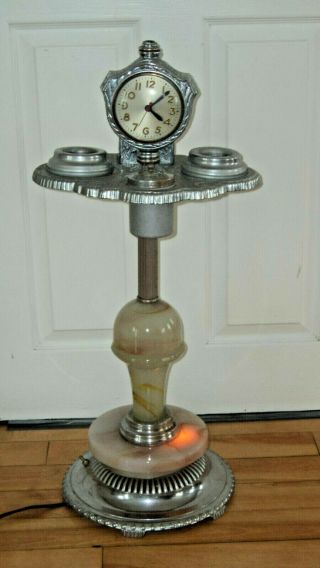 Vintage Chrome Lighted Foor Ashtray Slag Glass Smoking Stand Clock