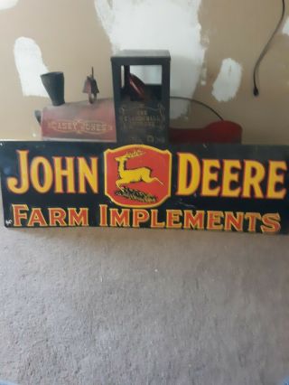Vintage John Deere Quality Farm Implements 42 " X 13 " Metal Tractor Gas & Oil Sign